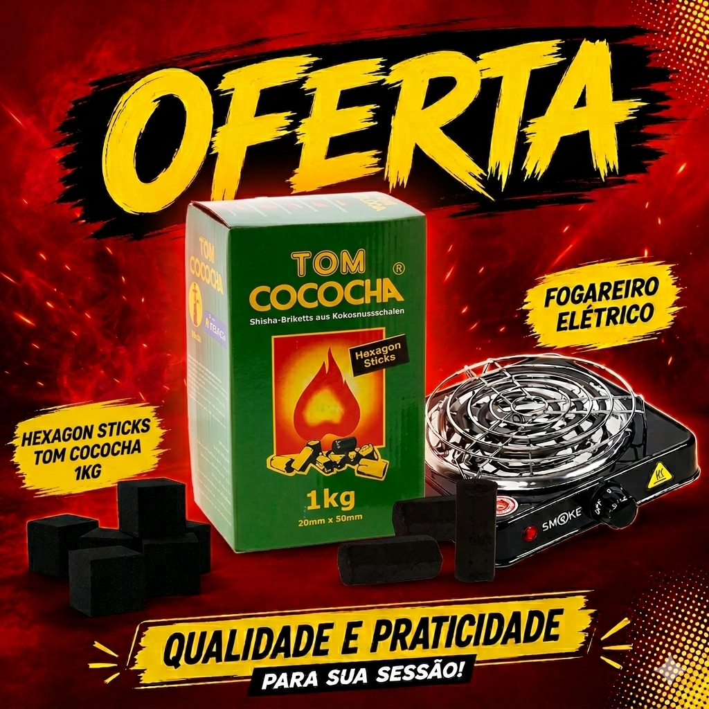 Carvão para Shisha Tom Cococha Hexagon 1KG + 1 Fogão Elétrico